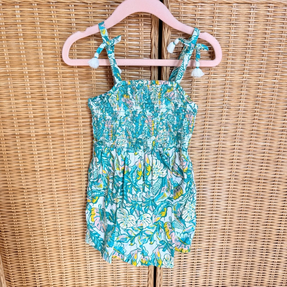 Tommy Bahama Teal Tropical Smocked romper with Pom Tie Straps